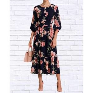 NEW DIVA USA floral midi dress with belt and side pockets in navy blue and pink